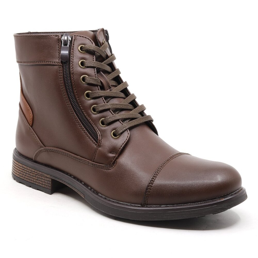 Men's Brown Lace-Up Ankle Boots with Side Zipper, Cap Toe Design